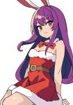  :3 animal_ears bare_arms belt bow breasts brown_belt cleavage commentary_request detached_collar dress fur-trimmed_dress fur_trim highres kv-san long_hair purple_hair rabbit_ears rabbit_girl red_bow red_dress reisen_udongein_inaba santa_dress small_breasts strapless strapless_dress touhou very_long_hair 