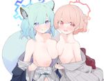  2girls :q animal_ears asymmetrical_docking bare_shoulders blue_archive blue_halo breast_press breasts collarbone green_hair grey_kimono halo highres inverted_nipples japanese_clothes kimono large_breasts looking_at_viewer medium_breasts mikozin multiple_girls nipples nodoka_(blue_archive) nodoka_(hot_spring)_(blue_archive) official_alternate_costume purple_eyes red_eyes red_halo shigure_(blue_archive) shigure_(hot_spring)_(blue_archive) tail tongue tongue_out 