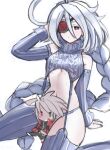 1girl ahoge blazblue blush closed_mouth expressionless eyepatch garter_straps grey_nails grey_panties grey_sleeves grey_sweater grey_thighhighs hand_in_own_hair highres juneplums long_hair looking_at_viewer meme_attire nu-13 one_eye_covered panties red_eyes sketch solo sweater thighhighs underwear virgin_killer_sweater white_hair 