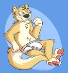 anthro barefoot black_nose blush briefs briefs_only bulge clothed clothing colored_seam_underwear detailed_background feet fur geometric_shapes green_eyes grey_seam_briefs grey_seam_underwear hi_res male mammal mushketeery mustelid orange_body orange_fur otter pawpads pink_pawpads servotter signature sitting smile solo tan_body tan_fur tighty_whities topless underwear underwear_only white_briefs white_clothing white_underwear
