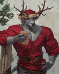 2023 anthro belt big_muscles bottomwear bovid bovine bracelet cattle christmas christmas_clothing christmas_headwear christmas_tree claws clothed clothing container cup ear_piercing ear_ring fake_antlers grey_background hair hand_on_hip hat headgear headwear hi_res holding_container holding_cup holding_object holidays holly_(plant) horn jewelry looking_at_viewer male mammal muscular muscular_anthro muscular_male painterly pants pecs piercing plant ring_piercing rope santa_hat shirt signature simple_background smile solo standing taran_fiddler teeth topwear tree tunic twig wood
