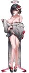  1girl :o absurdres alternate_costume bare_legs black_hair black_panties blue_archive blush breasts feet flower full_body grey_kimono groin hair_flower hair_ornament halo highres japanese_clothes kimono large_breasts legs looking_at_viewer nipples okobo panties platform_footwear red_eyes rio_(blue_archive) sandals simple_background solo toes underwear white_background yerim 