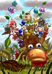  1girl 2boys alph_(pikmin) autumn_leaves backpack badge bag big_nose black_eyes black_skin blue_bag blue_eyes blue_gloves blue_hair blue_light blue_pikmin blue_skin blue_sky brittany_(pikmin) brown_hair bud bulborb charlie_(pikmin) clenched_hand climbing cloud colored_skin commentary_request day eyelashes facial_hair fang fang_out flower flying freckles from_behind gauge gloves grass green_gloves green_light half-closed_eyes hand_on_another&#039;s_arm hand_on_another&#039;s_hand hand_on_own_hip helmet insect_wings leaf looking_ahead looking_at_another looking_at_viewer looking_back mini_person miniboy minigirl miniskirt mohawk moss multiple_boys mustache no_mouth nostrils open_mouth outdoors pale_skin pikmin_(creature) pikmin_(series) pink_flower pink_gloves pink_hair pink_light pink_skin pink_skirt plump pointing pointing_forward pointy_ears pointy_nose polka_dot purple_hair purple_pikmin purple_skin radio_antenna reaching red_eyes red_pikmin red_skin rock rock_pikmin short_hair sitting_on_branch skirt sky smile solid_eyes space_helmet spacesuit star_(symbol) tree_stump triangle_mouth very_short_hair whistle white_pikmin white_skin winged_pikmin wings yamato_koara yellow_pikmin yellow_skin 