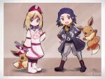  1boy 1girl :d adaman_(pokemon) aged_down arc_draws black_eyes black_footwear blonde_hair blue_eyes blue_hair border child coat dark_blue_hair dress eevee hairband hand_up hands_on_own_hips irida_(pokemon) jewelry long_sleeves medium_hair neck_ring open_clothes open_coat pokemon pokemon_(creature) pokemon_legends:_arceus red_hairband red_trim round_teeth short_hair smile standing teeth twitter_username upper_teeth_only white_border white_dress white_footwear 