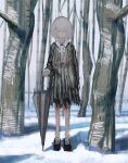  1girl forest highres lanreta nature original outdoors short_hair snow solo standing tree umbrella white_hair winter 