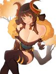  1girl :d bare_shoulders bead_bracelet beads black_hair black_hands blunt_bangs blush bracelet breasts brown_hair chinese_clothes choker cleavage colored_skin cowboy_shot distr dragon_girl dragon_horns dragon_tail english_commentary facial_tattoo gingko_dragon_girl_(distr) gradient_hair green_eyes hair_ornament hairstyle_request highres horns jewelry large_breasts long_hair looking_at_viewer multicolored_hair original sidelocks simple_background sitting smile solo tail tassel tassel_hair_ornament tattoo tree_tail white_background 