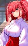  1girl akgm_(zdcw5853) alternate_costume atlanta_(kancolle) breasts earrings grey_eyes hakama highres japanese_clothes jewelry kantai_collection kimono large_breasts long_hair miko red_hair red_hakama single_earring smile solo star_(symbol) star_earrings two_side_up upper_body white_kimono 