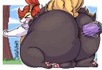 anal anthro anus balls big_butt blush bodily_fluids braixen butt canid canine cum cum_while_penetrated eggplant eyes_closed fluffy fluffy_tail food food_fetish food_play fruit fur gaping gaping_anus generation_6_pokemon genital_fluids genitals grass hi_res huge_butt inner_ear_fluff male mammal nintendo nude open_mouth outside paws penetration penis plant pokemon pokemon_(species) rear_view simple_background smile solo tail thefluffyrey69 thick_thighs tuft white_body yellow_body yellow_fur
