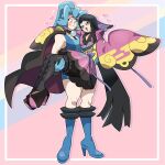  2girls :d absurdres after_kiss black_eyes black_hair blue_eyes blue_footwear blue_hair blush boots border cape carrying choker clair_(pokemon) gloves heart high_heels highres holding japanese_clothes jewelry kimono long_hair loveycloud multiple_girls notice_lines open_mouth pantyhose pink_background pokemon ponytail princess_carry smile valerie_(pokemon) white_border yuri 