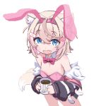  1girl :d animal_ear_fluff animal_ears bandaid bandaid_hair_ornament black_jacket blonde_hair blue_eyes blush_stickers bow bowtie breasts commentary_request cowboy_shot crossed_bangs cup detached_collar dog_ears dog_girl fake_animal_ears fang from_above hair_ornament hands_up holding holding_cup hololive hololive_english jacket leotard long_sleeves looking_at_viewer mococo_abyssgard mug multicolored_hair off_shoulder pink_bow pink_bowtie pink_hair pink_leotard pixel_art potato7192 rabbit_ears short_hair skin_fang small_breasts smile solo strapless strapless_leotard streaked_hair teabag transparent_background variant_set virtual_youtuber x_hair_ornament 