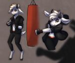 absurd_res anthro bovid caprine clothing digital_media_(artwork) ear_piercing exercise female fingerless_gloves fur gloves goat hair handwear hi_res hoodie horn mammal okaliz piercing punching_bag smile solo tattoo topwear vasira workout