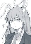  ? animal_ears blazer collared_shirt commentary_request extra_ears highres jacket long_hair looking_at_viewer monochrome necktie osr5555 parted_lips rabbit_ears reisen_udongein_inaba shirt touhou translation_request upper_body very_long_hair 