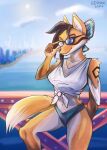 absurd_res anthro arthropod butterfly canid canine city cityscape ermelyn_(system_exception) eyewear female fur hi_res humanoid insect lepidopteran light_clothing mammal maned_wolf sidpoke solo summer sunglasses tattoo