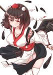  1girl absurdres ass_visible_through_thighs bird_wings black_feathers black_hair black_wings breasts cleavage collarbone commentary_request highres kourindou_tengu_costume large_breasts leaning_forward mukkushi no_bra panties pantyshot red_eyes shameimaru_aya short_hair simple_background solo thighhighs touhou underwear white_background white_legwear white_panties wings 