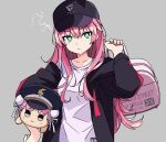 1girl aikawa_megumi backpack bag black_headwear black_jacket character_doll closed_mouth furby_hmt green_eyes grey_background hat heaven_burns_red highres holding holding_bag jacket kunimi_tama long_hair long_sleeves looking_at_viewer military_hat open_clothes open_jacket pink_bag pink_hair shirt solo union_jack upper_body white_shirt 