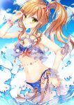  1girl :p bang_dream! bikini blue_bikini blue_sky blush breasts brown_hair chain cleavage cloud day earrings green_eyes hair_ornament highres hiryuu_kanon imai_lisa jewelry long_hair looking_at_viewer navel outdoors see-through side_ponytail sidelocks sky solo star_(symbol) star_hair_ornament stomach swimsuit tongue tongue_out water 