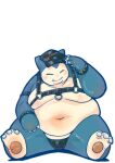 2024 anthro belly big_belly blue_body blush bulge clothing eyes_closed generation_1_pokemon harness hat headgear headwear hi_res kemono leather leather_daddy leather_harness male moobs navel nintendo overweight overweight_male pokemon pokemon_(species) raozone simple_background snorlax solo underwear white_background