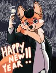 absurd_res anthro beverage canid canine clothing drokmars eyewear fireworks fox fur glasses hi_res holding_beverage holding_object holidays looking_at_viewer male mammal neck_tuft new_year new_year_2024 orange_body orange_fur solo suit tan_body tan_fur toasting tuft