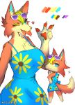  2020 5_fingers animal_crossing anthro audie_(animal_crossing) big_breasts blonde_hair blue_clothing blue_dress blue_eyes breasts canid canine canis chest_tuft clothing dress ear_tuft female fingers fluffy fluffy_tail fur gesture hair hi_res huge_breasts kitsuneten looking_at_viewer mammal nintendo one_eye_closed open_mouth open_smile orange_body orange_fur pawpads simple_background smile snout solo sparkles standing tongue tongue_out tuft v_sign video_games white_background wolf 