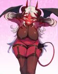  1girl ahoge arms_up black_panties black_shirt breasts brown_eyes brown_thighhighs clenched_teeth colored_skin demon_girl demon_horns demon_tail demon_wings from_above horns large_breasts long_hair looking_at_viewer maizken navel original panties parted_bangs pink_background red_skin shirt simple_background sitting sleeveless smile solo tail teeth thigh_strap thighhighs underwear white_hair wings 