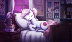 2023 bed clock cutie_mark earth_pony equid equine eyelashes female feral friendship_is_magic fur furniture glistening glistening_hair hair hasbro hi_res horse inside king-kakapo lamp mammal my_little_pony nurse_redheart_(mlp) pink_hair pony sleeping solo white_body white_fur window