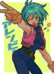  1girl ;d allenby_beardsley arm_up belt_buckle blue_bodysuit blue_hair bodysuit brown_gloves buckle character_name contrapposto cowboy_shot drop_shadow g_gundam gloves green_eyes gundam highres jewelry looking_at_viewer nandemo_takara one_eye_closed open_mouth pendant pink_vest short_hair sleeveless sleeveless_bodysuit smile solo star_(symbol) teeth turtleneck turtleneck_bodysuit upper_teeth_only v vest yellow_background 