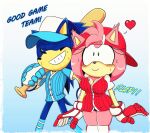 amy_rose anthro ball! baseball_bat baseball_batting_gloves baseball_cap baseball_socks baseball_uniform bat_(object) big_breasts big_butt blush bodily_fluids breasts butt butt_slap check_tag_type cleavage clothed clothing dialogue eyes_closed facial_markings female hat head_markings headgear headwear heart_(marking) hi_res let&rsquo;s male male/female markings newventure playing sega slap sonic_the_hedgehog sonic_the_hedgehog_(series) sound_effects sportswear stalls. sweat sweatdrop thick_thighs uniform wide_hips