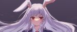  1girl absurdres animal_ears black_jacket blazer collared_shirt commentary_request grey_background highres jacket long_hair necktie purple_hair rabbit_ears red_eyes red_necktie reisen_udongein_inaba shirt simple_background solo tazaki_yokka touhou upper_body very_long_hair white_shirt 