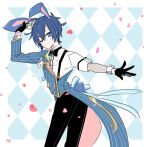  1boy animal_ears argyle argyle_background black_bow black_bowtie black_gloves black_pants blue_background blue_coat blue_eyes blue_hair bow bowtie coat commentary_request confetti fishnets gloves heart kaito_(vocaloid) looking_at_viewer looking_back male_focus one_eye_closed pants rabbit_ears shirt sleeves_rolled_up smile solo striped striped_coat suspenders tailcoat twisted_torso vertical-striped_coat vocaloid white_shirt white_wrist_cuffs yoshiki 