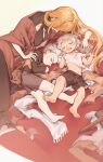  1girl aged_down bbfrog blonde_hair closed_mouth dante_(devil_may_cry) devil_may_cry_(series) dress eva_(devil_may_cry) family hair_slicked_back highres long_hair male_focus mother_and_son multiple_boys parent_and_child siblings sleeping smile vergil_(devil_may_cry) white_background white_hair 