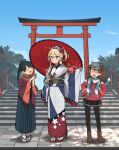  3girls american_flag american_flag_print annin_musou black_hair black_hakama black_pantyhose black_skirt blonde_hair blue_eyes blue_sky brown_hair cloud commentary_request day flag_print folded_hair full_body fur-trimmed_kimono fur_trim hakama hakama_skirt headgear highres houshou_(kancolle) iowa_(kancolle) japanese_clothes kantai_collection kariginu kimono long_hair multiple_girls official_alternate_costume outdoors pantyhose pink_kimono pleated_skirt ponytail ryuujou_(kancolle) sandals skirt sky stairs striped striped_kimono torii tree twintails visor_cap 