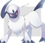 absol animal_focus artist_name border bright_pupils claws commentary_request forehead_jewel grey_background highres horns iwasi_29 mane no_humans pokemon pokemon_(creature) red_eyes single_horn tail twitter_username white_border white_fur 