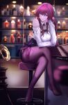  1girl absurdres alcohol bar_(place) bar_stool breasts chair collared_shirt counter crossed_legs drink gloves hair_between_eyes highres honkai:_star_rail honkai_(series) kafka_(honkai:_star_rail) large_breasts long_hair long_sleeves looking_at_viewer no_shoes pantyhose purple_eyes purple_gloves purple_hair round_eyewear shirt silberein sitting smile solo stool thighs white_shirt 