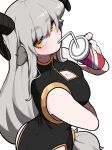  1girl :o absurdres animal_ears ass black_dress black_horns blush bolt_(min_lona) breasts butt_crack china_dress chinese_clothes cleavage cleavage_cutout clothing_cutout cup dress drink drinking drinking_straw goat_ears goat_girl goat_horns grey_hair highres holding holding_cup horizontal_pupils horns large_breasts long_hair low-tied_long_hair min_lona open_mouth original simple_background sleeveless sleeveless_dress solo very_long_hair yellow_eyes 