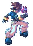  1boy black_bodysuit bodysuit brown_hair clenched_teeth crop_top green_eyes highres iikoao mega_man_(series) mega_man_zx midriff model_o_(mega_man) pants robot_ears shoes short_hair tagme teeth vent_(mega_man) white_pants 