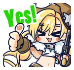  &gt;_&lt; 1girl :3 :d belt blonde_hair blush_stickers brown_gloves chibi chinese_commentary closed_eyes colt_revolver_(girls&#039;_frontline) colt_single_action_army commentary_request cowboy_hat facing_viewer fingerless_gloves fingerprint fur_collar girls&#039;_frontline gloves gun hat highres holding holding_gun holding_weapon long_hair navel official_art open_mouth revolver shirt simple_background smile solo su_xiao_jei thumbs_up tied_shirt twintails upper_body weapon white_background white_shirt xd yes 