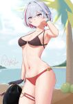  1286143872 1girl absurdres alternate_costume beach bikini black_bikini black_gloves blue_eyes bracelet breasts closed_mouth colored_inner_hair gloves grey_hair hair_ornament hairclip highres honkai:_star_rail honkai_(series) jewelry midriff mole mole_on_thigh multicolored_hair navel numby_(honkai:_star_rail) ocean red_hair short_hair solo streaked_hair swimsuit thigh_strap thighs topaz_(honkai:_star_rail) two-tone_hair 