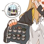  ... 6+girls :3 :d :o black_gloves black_jacket blue_hair blush_stickers brown_hair buttons chinese_commentary closed_eyes coat_stash commentary_request fingerless_gloves g11_(girls&#039;_frontline) girls&#039;_frontline gloves green_eyes green_headwear headband highres hk416_(girls&#039;_frontline) in_pocket jacket light_blue_hair long_hair merchandise merchant mini_person minigirl motion_lines multiple_girls one_eye_closed open_clothes open_jacket open_mouth parted_lips price_tag red_headband shaded_face shirt simple_background smile spoken_character su_xiao_jei twintails ump9_(girls&#039;_frontline) white_background white_shirt yellow_eyes 