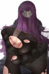  1girl black_pantyhose black_robe blurry blurry_background depth_of_field dorsiflexion facing_away feet feet_up fern_(sousou_no_frieren) foot_focus foreshortening from_behind hair_ornament long_hair lying nail_polish no_shoes on_stomach paid_reward_available pantyhose purple_hair purple_nails robe solo sousou_no_frieren sweatdrop toenail_polish toenails toes torn_clothes torn_pantyhose very_long_hair wd_(1106592840) white_background 