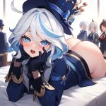  1girl ahoge ai-generated ass bent_over blue_eyes blush commission furina_(genshin_impact) genshin_impact gloves hat long_sleeves looking_at_viewer non-web_source nude open_mouth shirt smile solo white_hair 