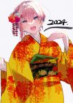  1girl 2024 absurdres black_sash blue_eyes colored_tips floral_print go-toubun_no_hanayome hands_up highres japanese_clothes kimono long_sleeves looking_at_viewer multicolored_hair nail_polish nakano_ichika nununu_(nununu386) obi open_mouth orange_nails pink_hair print_kimono sash short_hair solo upper_body wide_sleeves yellow_kimono 