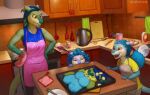 2023 annoyed anthro apron aunt_(lore) aunt_and_niece_(lore) baking_tray biped blonde_hair blue_body blue_hair clothing digital_media_(artwork) dragon fangs female green_body green_hair group hair handwear horn inside joyce_(totesfleisch8) kitchen kitchen_utensils multicolored_hair niece_(lore) oven_mitts pink_apron red_eyes scalie sink teeth tools totesfleisch8 trio white_body yellow_sclera