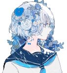 1girl blue_eyes blue_flower blue_hair blue_neckerchief blue_sailor_collar commentary english_commentary flower hagimorijia hair_flower hair_ornament highres neckerchief original portrait profile sailor_collar short_hair simple_background solo too_many_flowers twitter_username white_background 