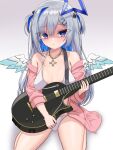  1girl amane_kanata angel angel_wings ashiru asymmetrical_bangs bikini blue_eyes blue_hair bocchi_the_rock! collar collarbone colored_inner_hair cosplay electric_guitar feathered_wings flat_chest gibson_les_paul gotoh_hitori gotoh_hitori_(cosplay) gradient_wings grey_hair guitar halo highres holding holding_instrument hololive instrument jacket mini_wings multicolored_hair multicolored_wings off_shoulder official_alternate_hair_length official_alternate_hairstyle oversized_clothes single_hair_intake solo star_halo streaked_hair swimsuit track_jacket virtual_youtuber white_bikini wings 