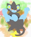  ambiguous_gender black_pupils blue_body blue_ears blue_fur feral fur hi_res luxray lying multicolored_body multicolored_fur nintendo on_back pok&eacute;mon pok&eacute;mon_(species) solo text two_tone_tail video_games white_text wuirnad yellow_eyes yellow_tail 