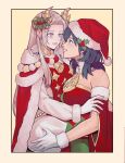  2girls byleth_(female)_(fire_emblem) byleth_(female)_(frosty_professor)_(fire_emblem) byleth_(fire_emblem) cape christmas dress edelgard_von_hresvelg edelgard_von_hresvelg_(snowfall_future) fire_emblem fire_emblem:_three_houses fire_emblem_heroes gloves hat highres long_hair medium_hair multiple_girls official_alternate_costume purple_eyes radiostarkiller red_cape santa_hat svar white_hair yuri 