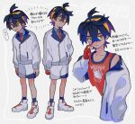  1boy black_hair blue_hair character_name closed_mouth crossed_bangs gloves hair_between_eyes hairband hand_on_own_hip hatemadeimym highres jacket kieran_(pokemon) male_focus mole mole_on_neck multiple_views orange_eyes parted_lips partially_fingerless_gloves pokemon pokemon_sv purple_hair red_tank_top shoes shorts simple_background single_glove socks standing tank_top translation_request 