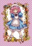  1980s_(style) 1girl absurdres apron blue_dress blue_eyes dress drill_hair freckles hat highres kirame_kirai little_goody_two_shoes mob_cap muffy_(little_goody_two_shoes) official_art pink_hair puffy_sleeves retro_artstyle short_hair solo white_apron 
