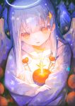  1girl absurdres angel angel_wings apple candle candlelight dress food fruit hair_ornament halo heart highres irodori_warabi long_hair long_sleeves looking_at_viewer open_mouth orange_eyes original ornament purple_hair star_(symbol) star_hair_ornament white_dress wings 