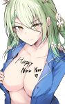  1girl absurdres antlers blue_shirt body_writing braid braided_bangs branch breasts ceres_fauna cleavage closed_mouth collarbone collared_shirt english_commentary english_text flashing flower green_hair hair_flower hair_ornament hair_over_one_eye happy_new_year highres hololive hololive_english large_breasts light_blush light_smile long_hair long_sleeves looking_at_viewer mole mole_under_eye multicolored_hair navel no_bra open_clothes open_shirt sak1_01 shirt sidelocks simple_background smile solo streaked_hair virtual_youtuber white_background yellow_eyes 